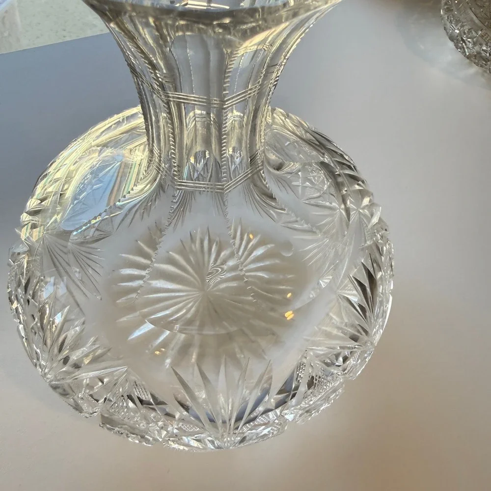 Antique American Brilliant Hand Cut Crystal Decanter Starburst Pinwheel Squat
